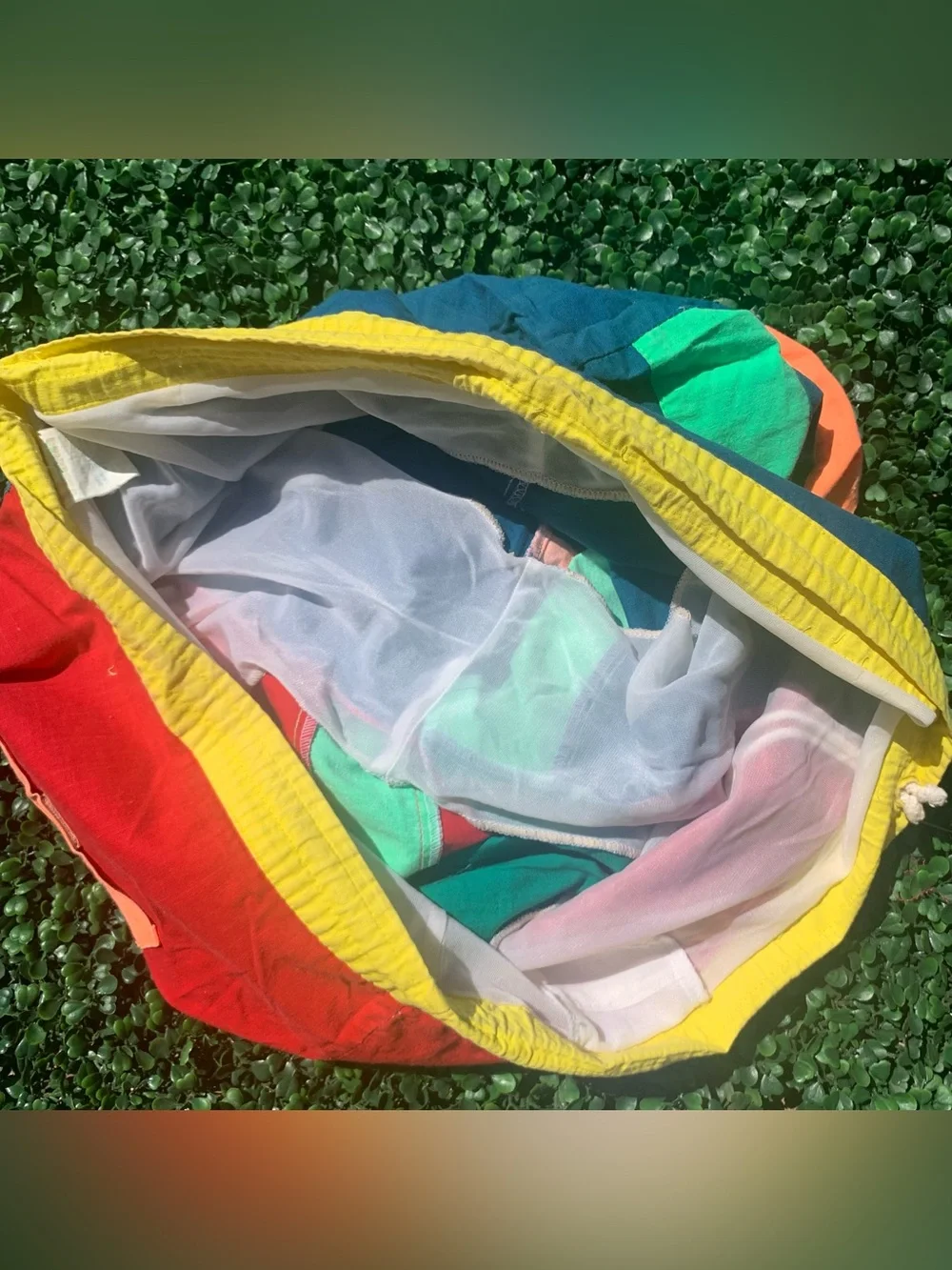 Vintage vibrant colorblock cotton swim trunks - needs elastic repair